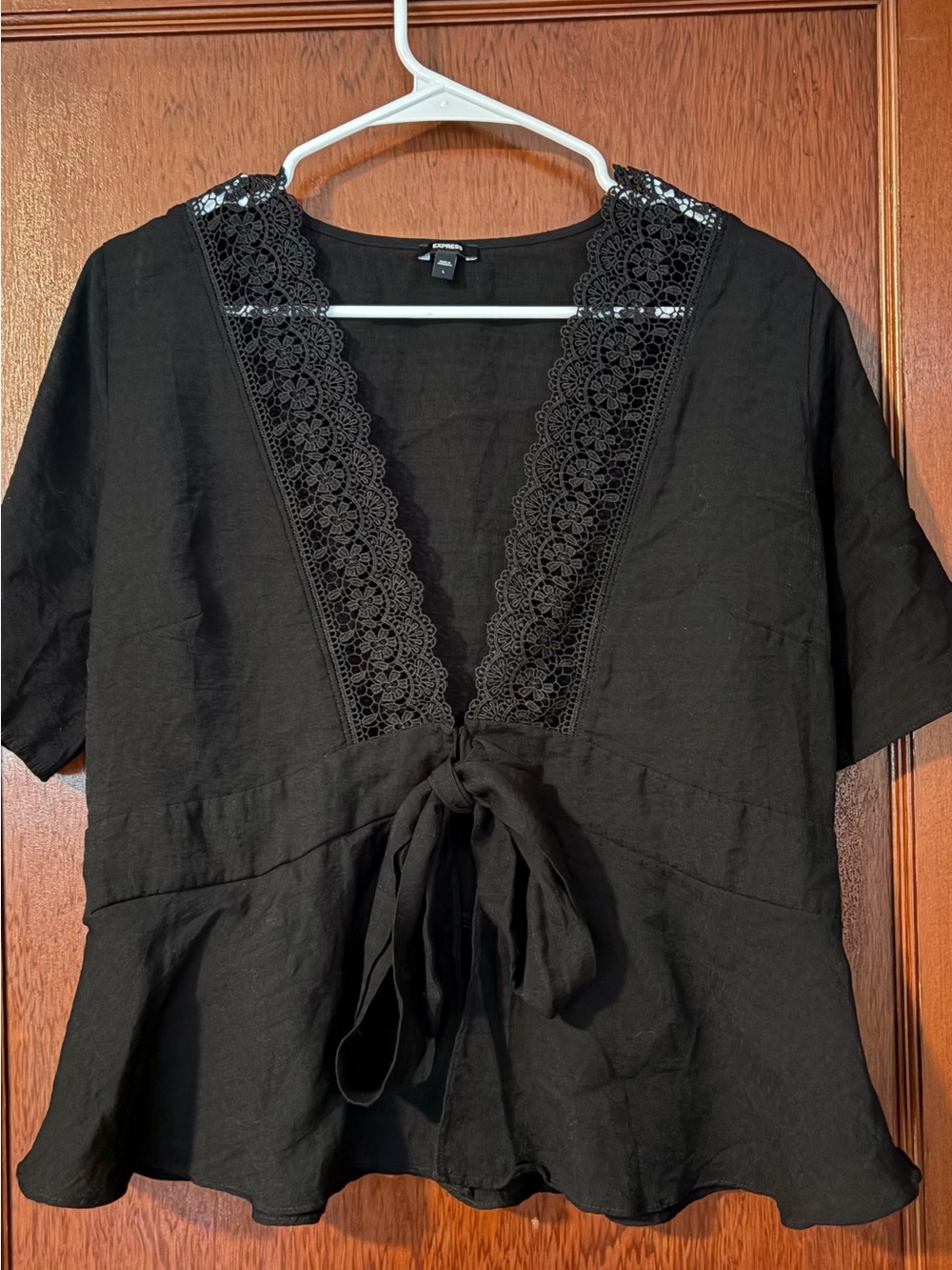 Women's Express Black Lace-Trim Tie-Front Top